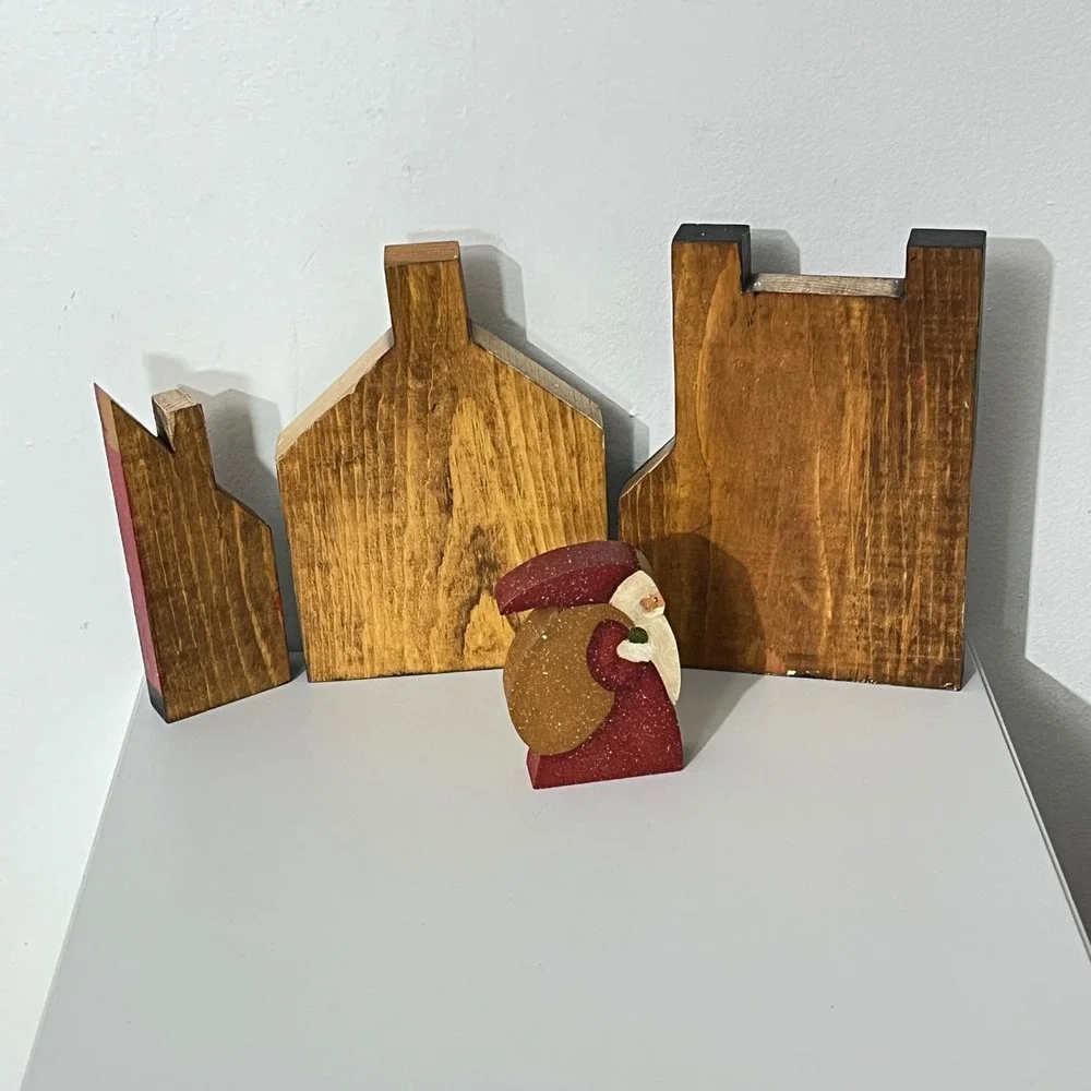Vintage Artisan Wooden Christmas Village Set  Multicolor Rustic Folk Art Decor